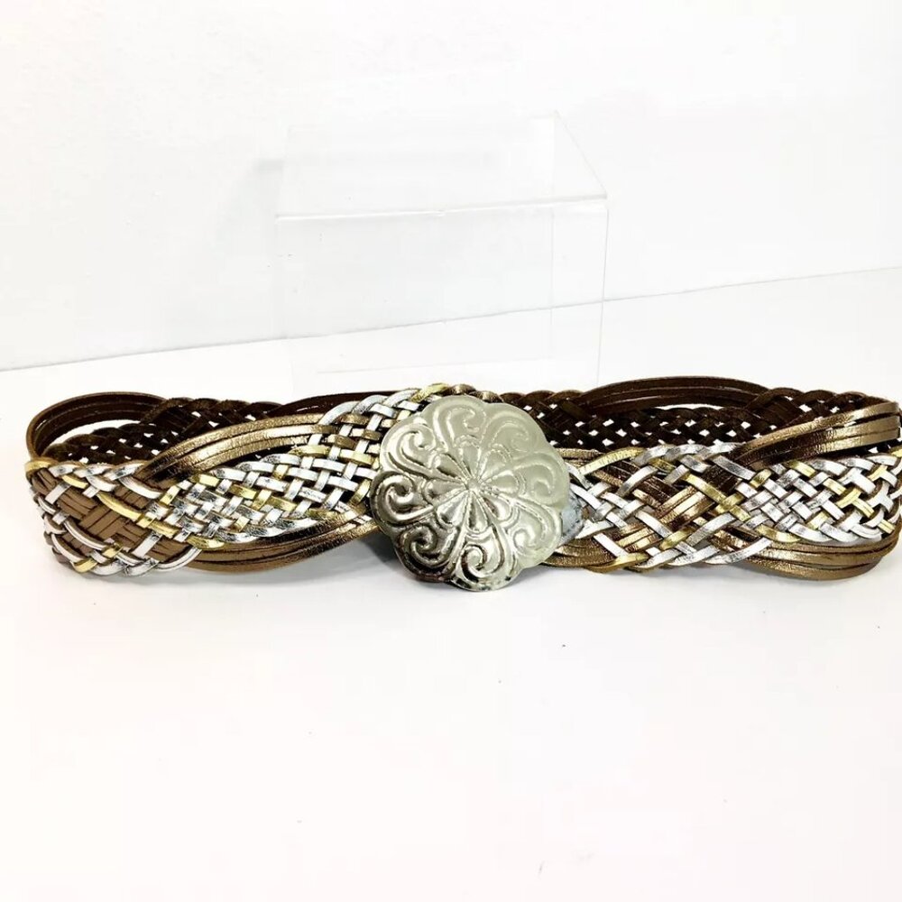 Metallic Silver Gold Braided Leather Sz S Belt 36” Large Metal Medallion Closure